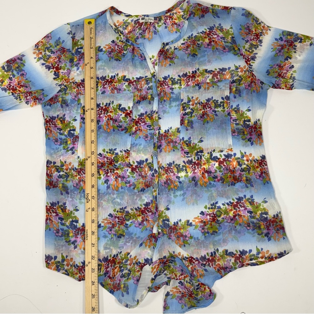 Floral Roll-Tab Kut from the Kloth Blue Chiffon Button Down Blouse Size M Medium - Picture 5 of 9